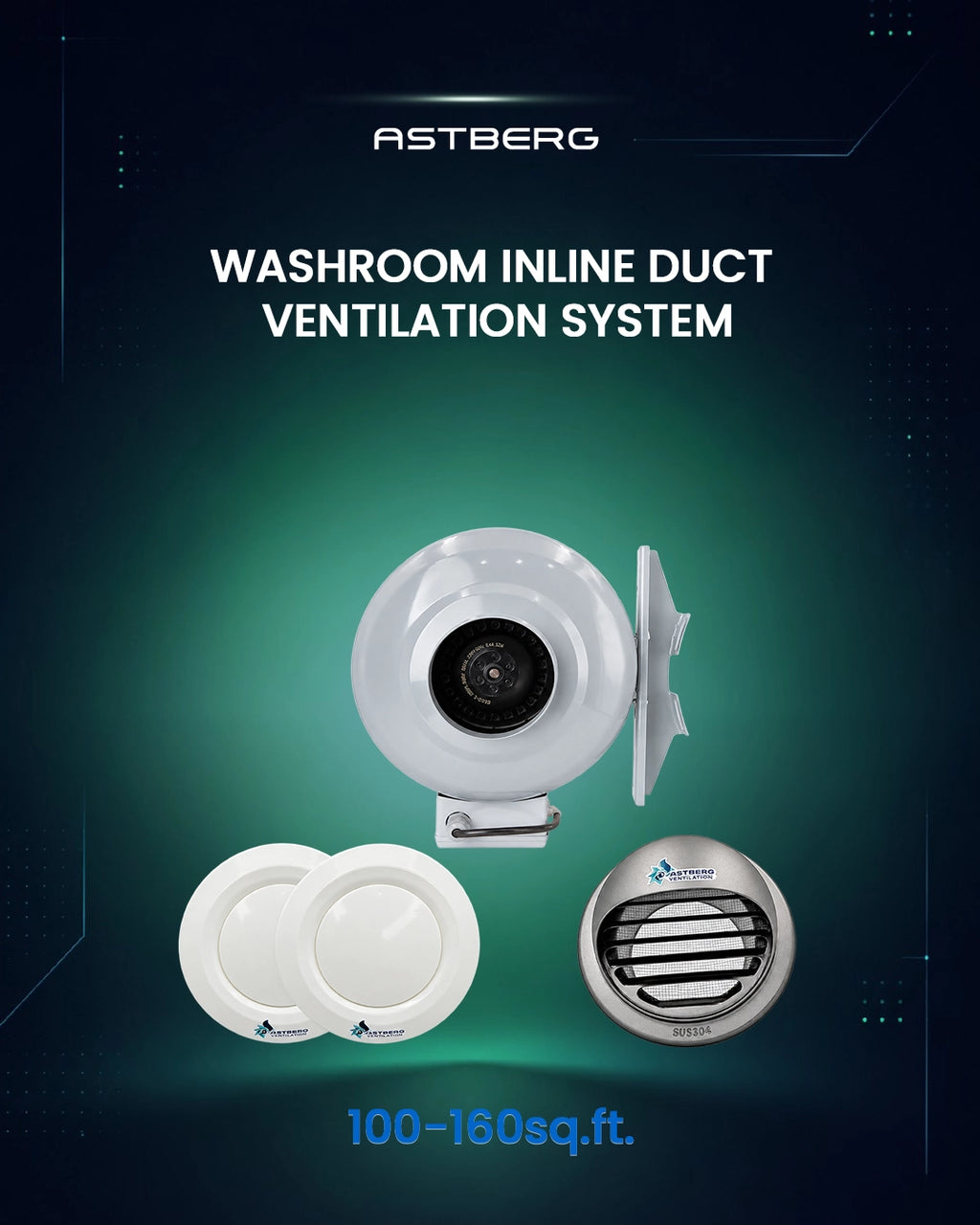 ASTBERG 100-160 SQ. WASHROOM INLINE DUCT VENTILATION SYSTEM VERTICAL/HORIZONTAL DUCT UPTO 45FT
