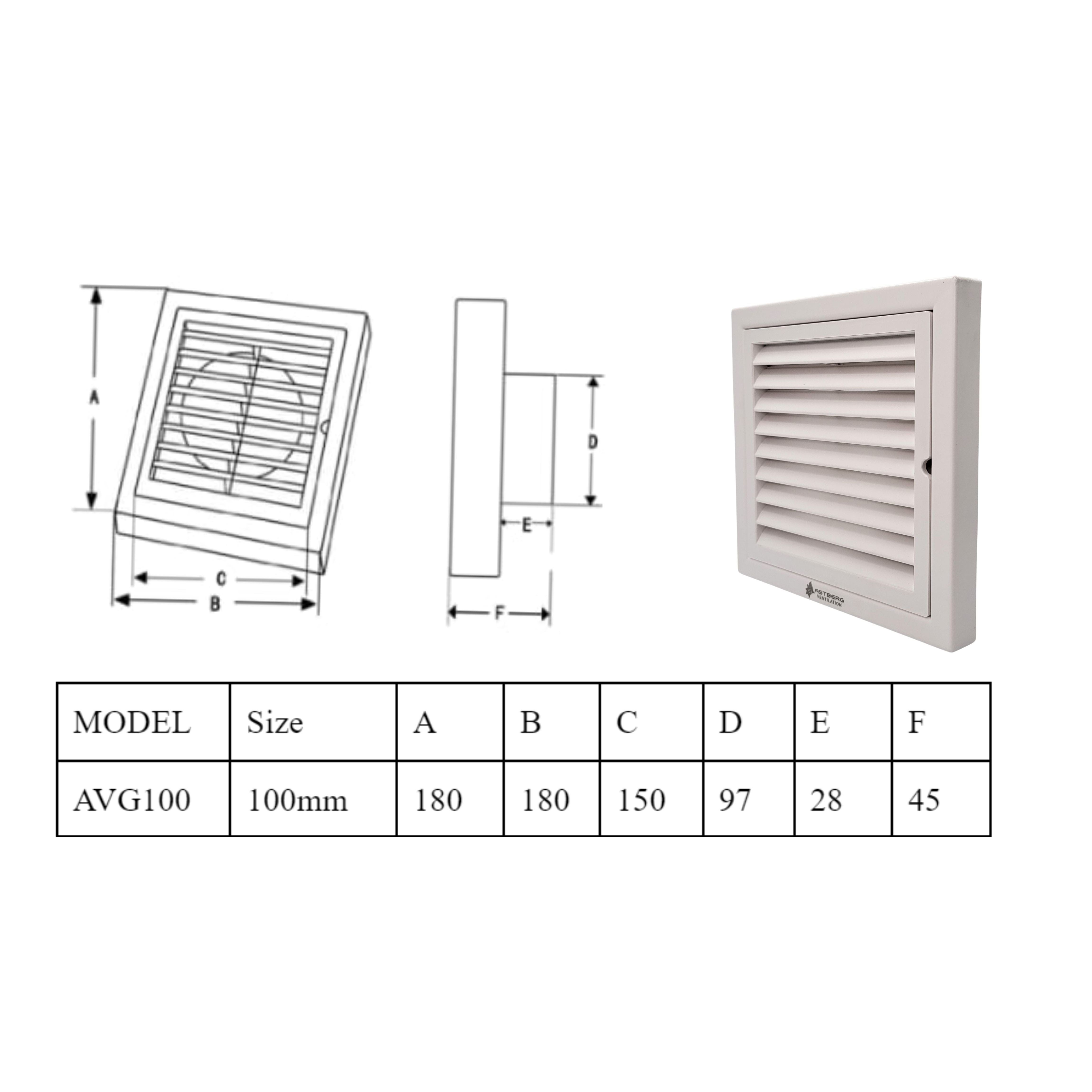 Astberg ABS OUTER SQUARE GRILL WITH MESH  100MM 4"-AVG100