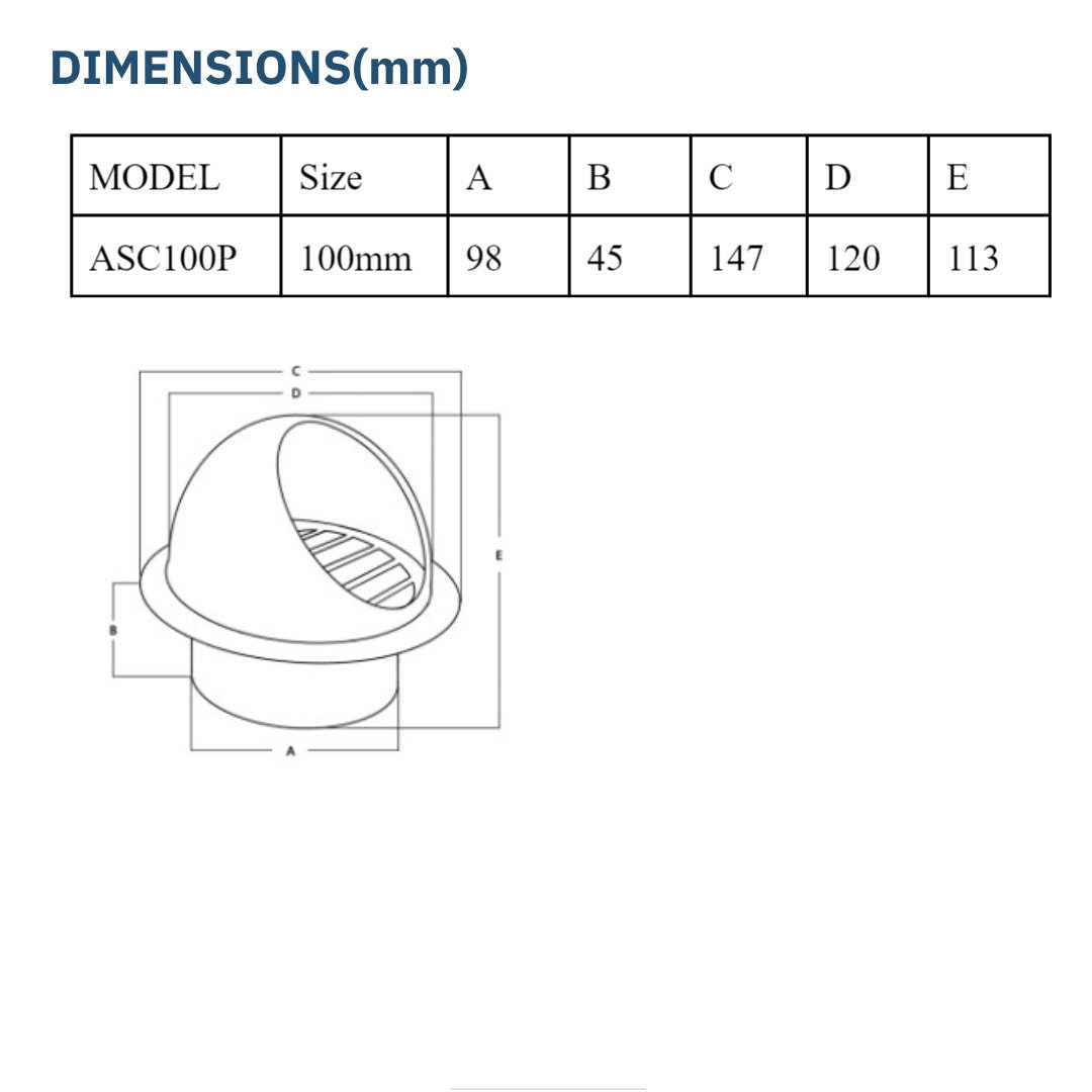 ASTBERG POWDER COATED OUTER STEEL COWL WITH MESH SS304 100MM 4"