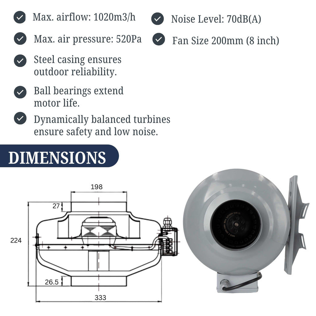 Astberg AEE200G Circular Inline Duct Fan (200 mm / 8") 1020 m³/h | 600 CFM