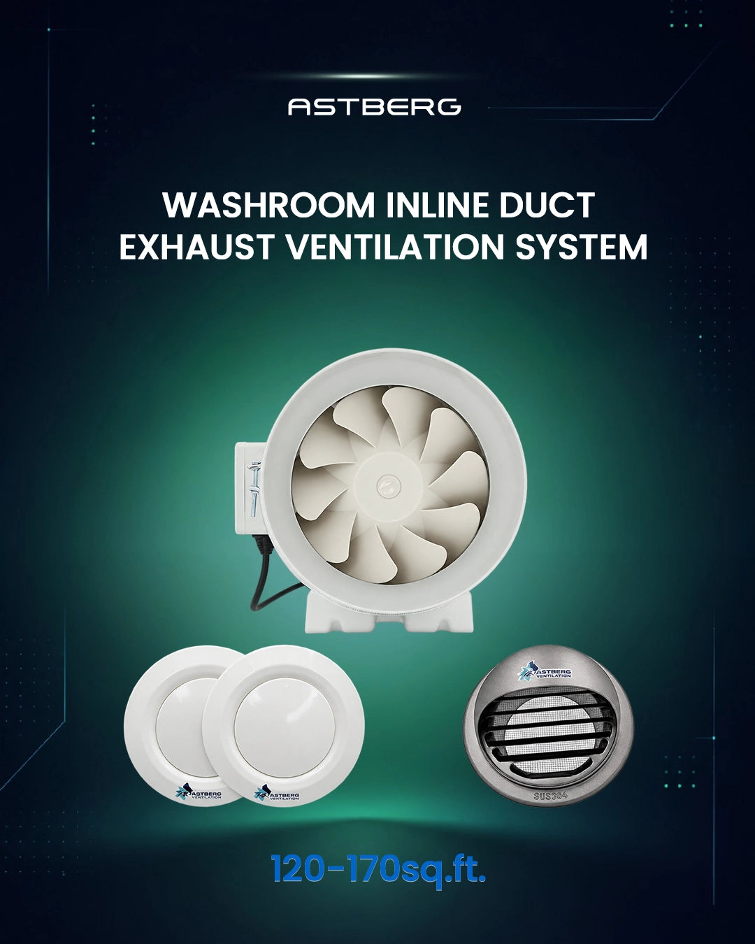 ASTBERG 120-170 SQ. WASHROOM INLINE DUCT VENTILATION SYSTEM HORIZONTAL DUCT UPTO 35FT-350FT