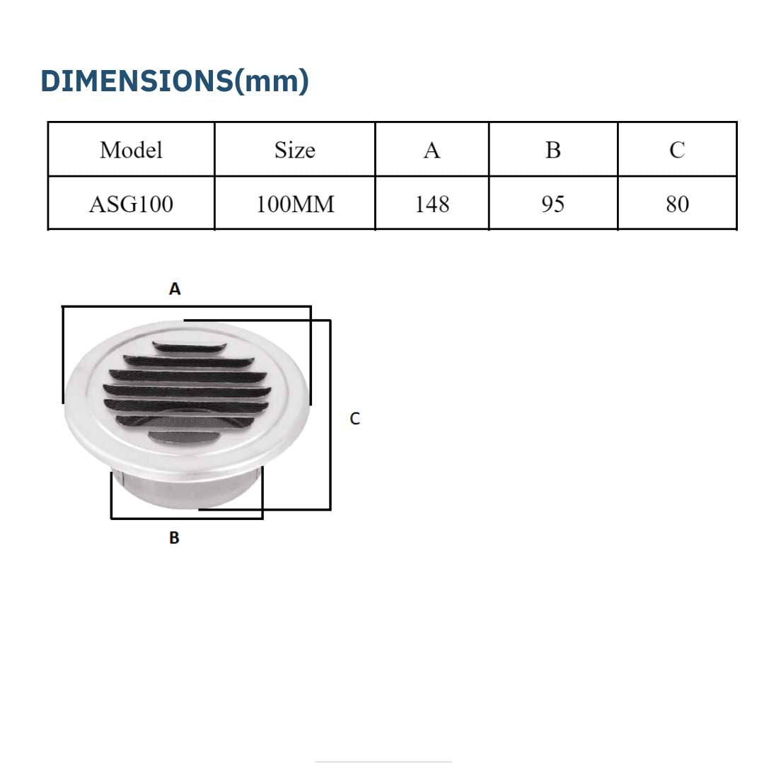 ASTBERG OUTER STEEL PIPE VENT GRILL WITH MESH SS304 150MM 6"
