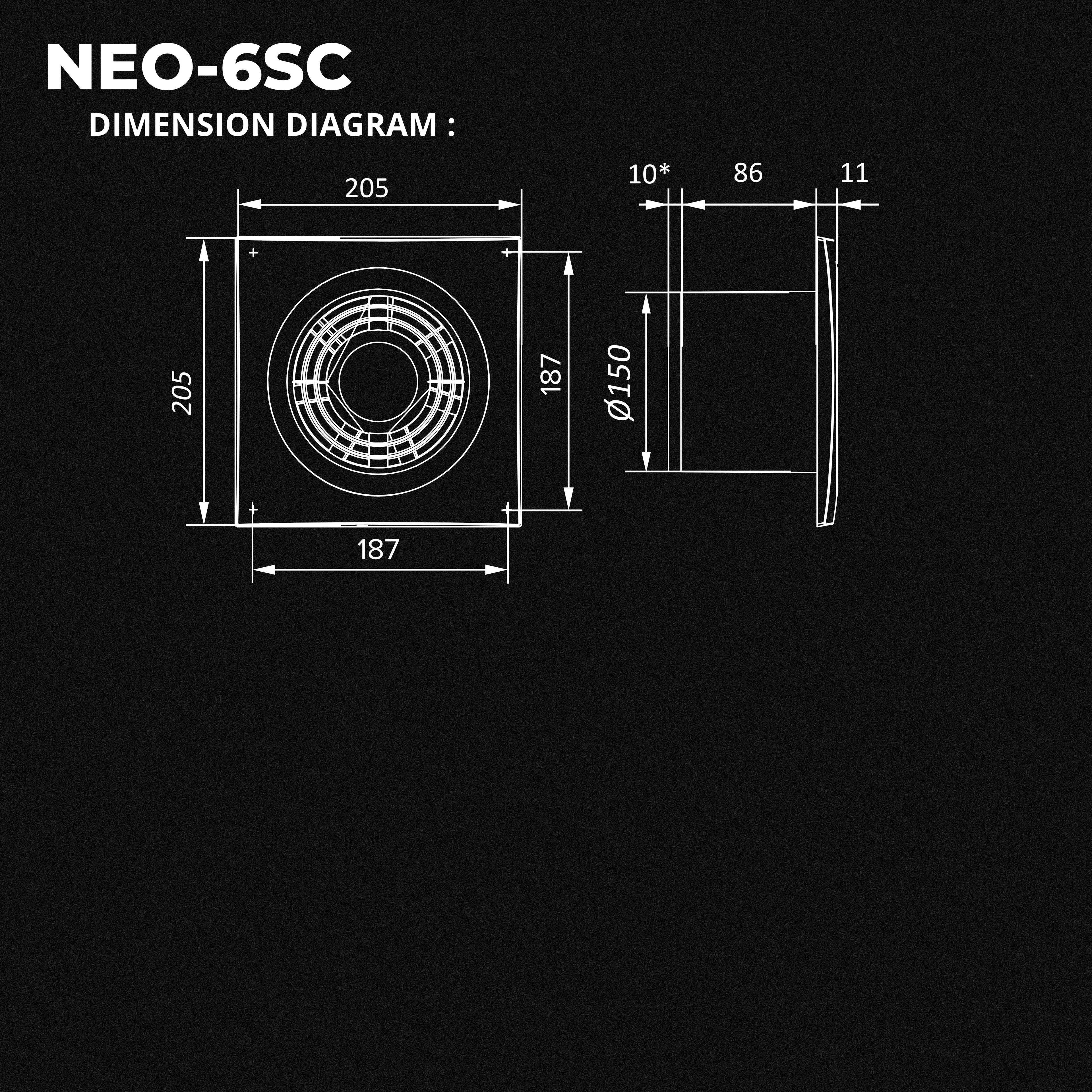ASTBERG NEO6 PIPE/WALL/CEILING  EXHAUST VENTILATION FAN 250CMH 6" 150MM