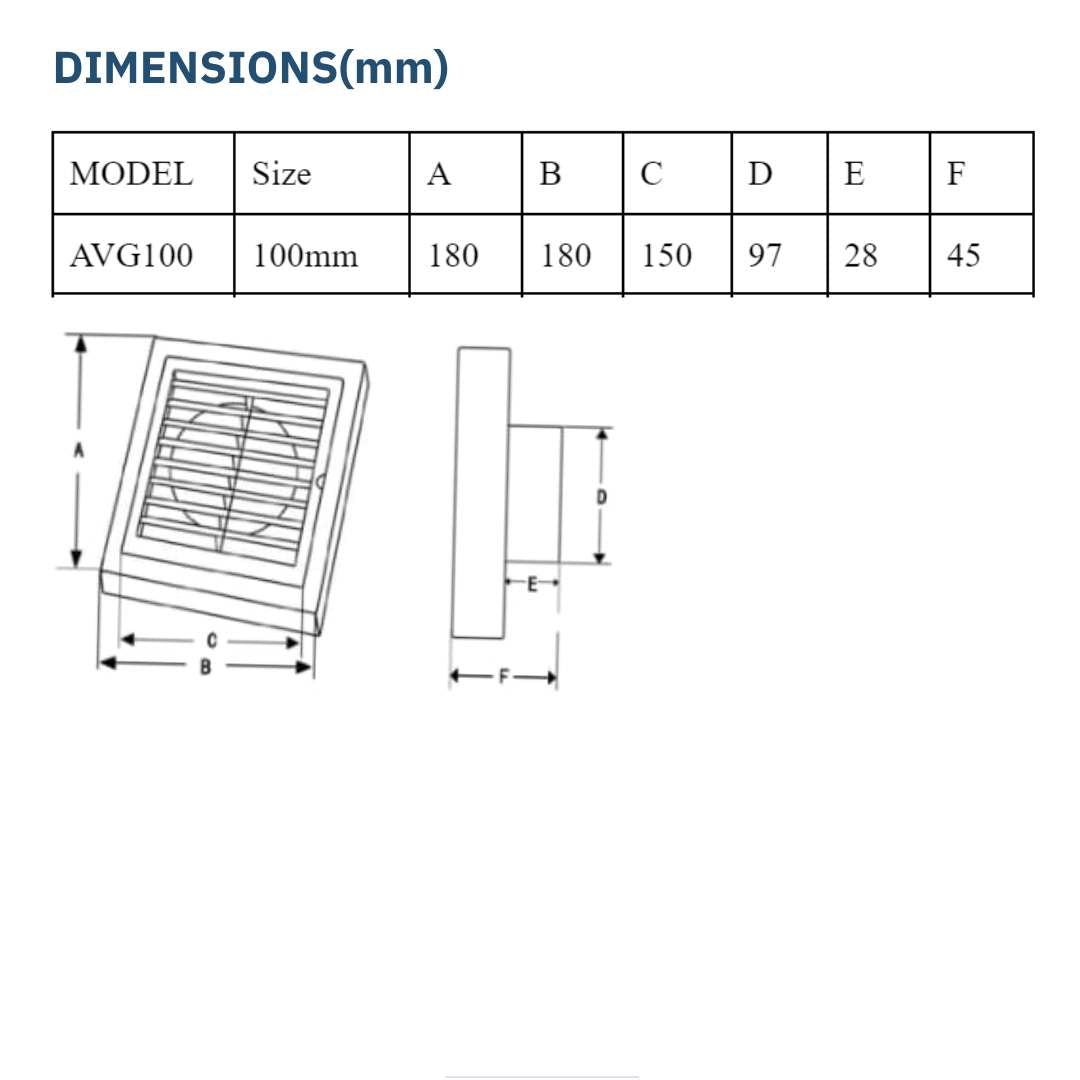 Astberg ABS OUTER SQUARE GRILL WITH MESH  100MM 4"-AVG100