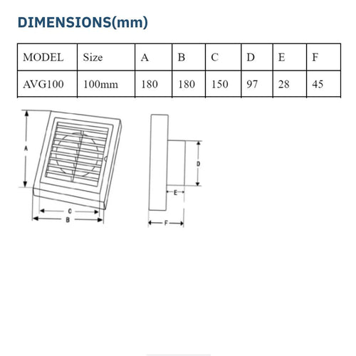 Astberg ABS OUTER SQUARE GRILL WITH MESH  100MM 4"-AVG100