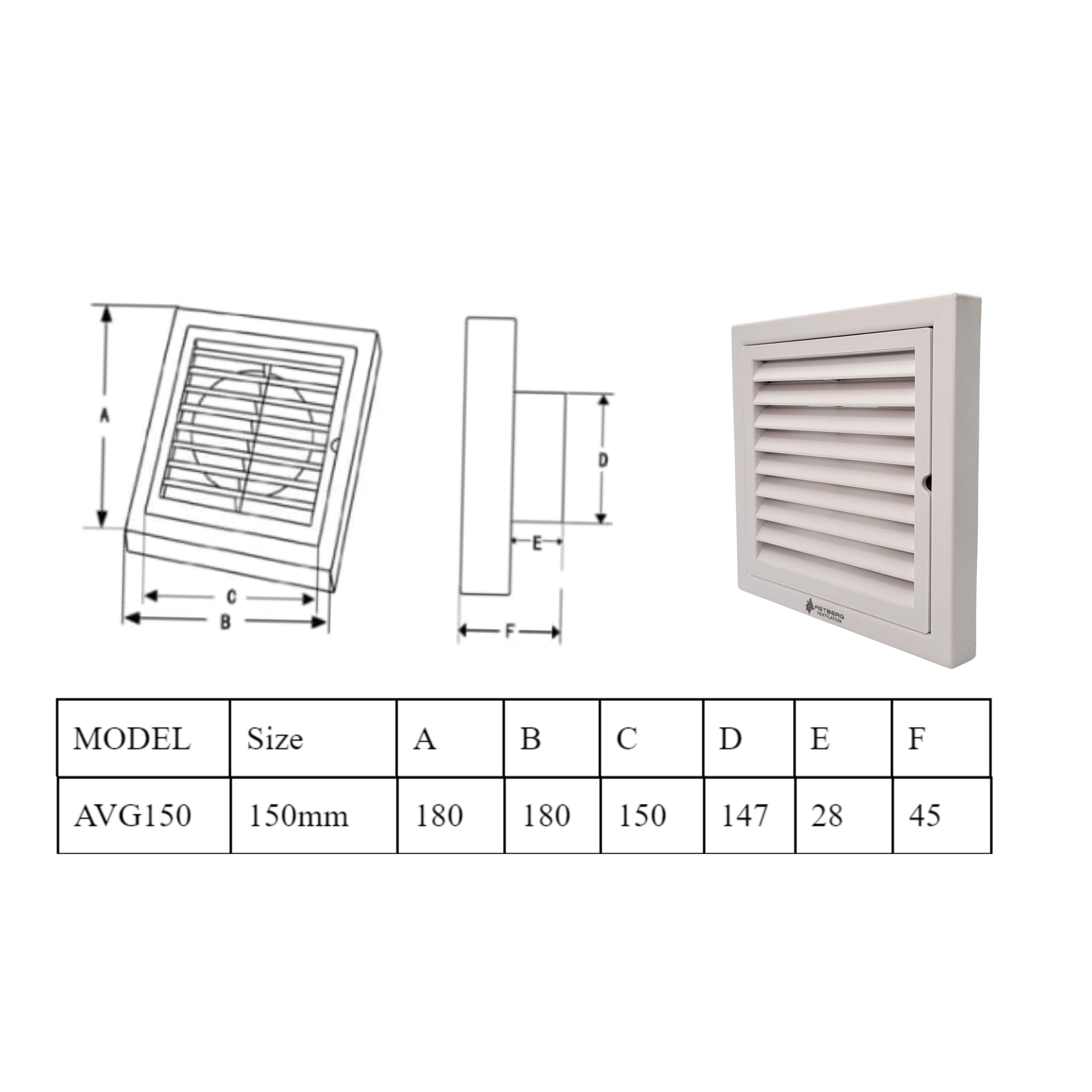 Astberg ABS OUTER SQUARE GRILL WITH MESH  150MM 6"-AVG150