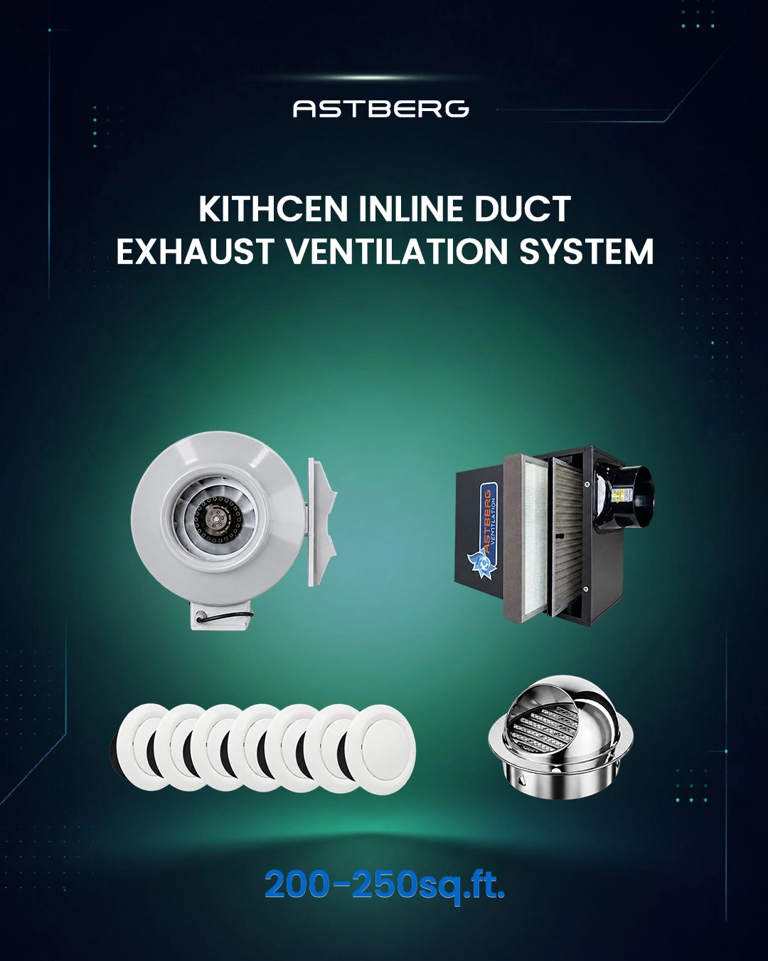 ASTBERG 200-250 SQ FT. KITCHEN- ASTBERG INLINE DUCT EXHAUST VENTILATION SYSTEM