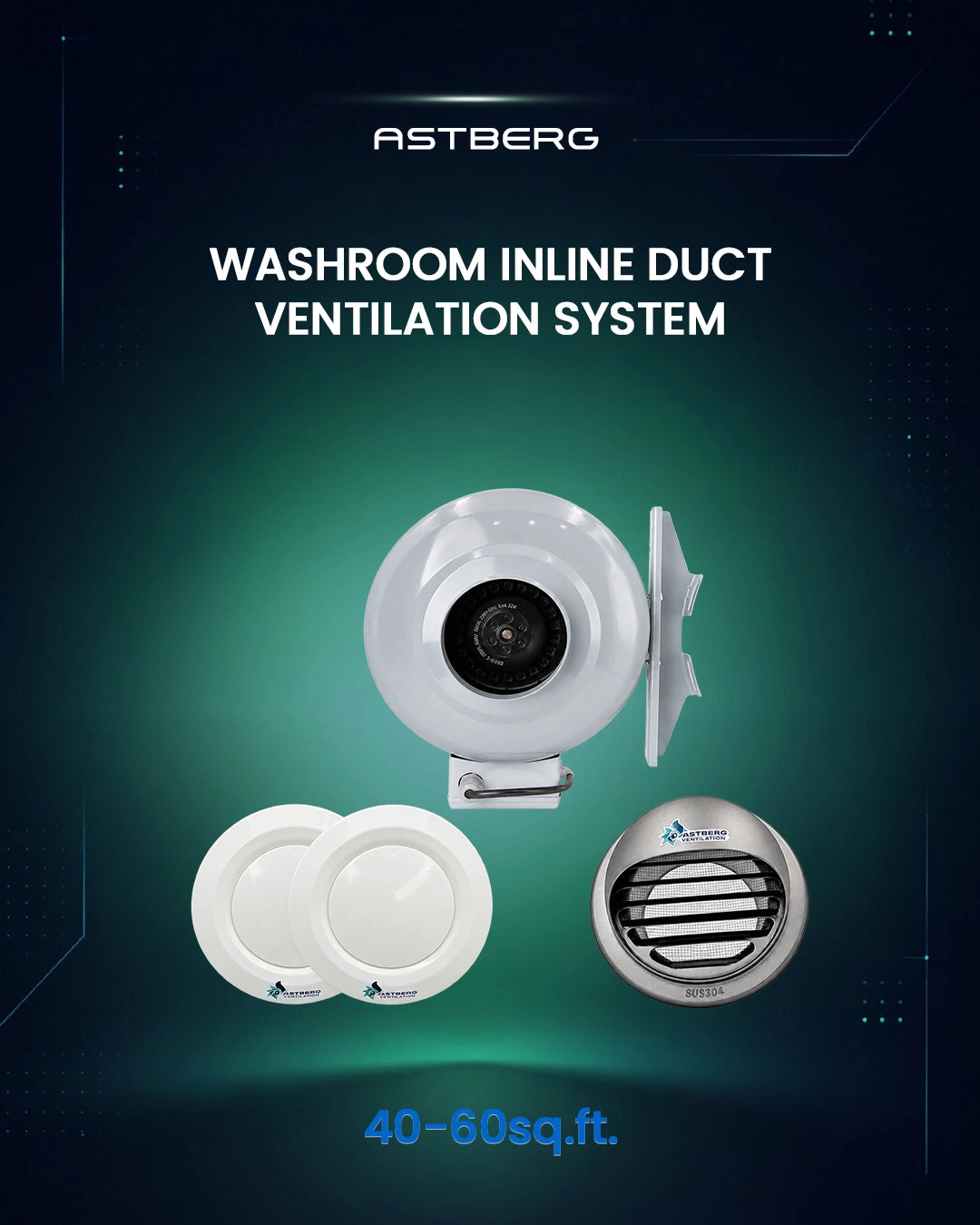 ASTBERG 40-60 SQ. WASHROOM INLINE DUCT VENTILATION SYSTEM VERTICAL/HORIZONTAL DUCT UPTO 15FT.