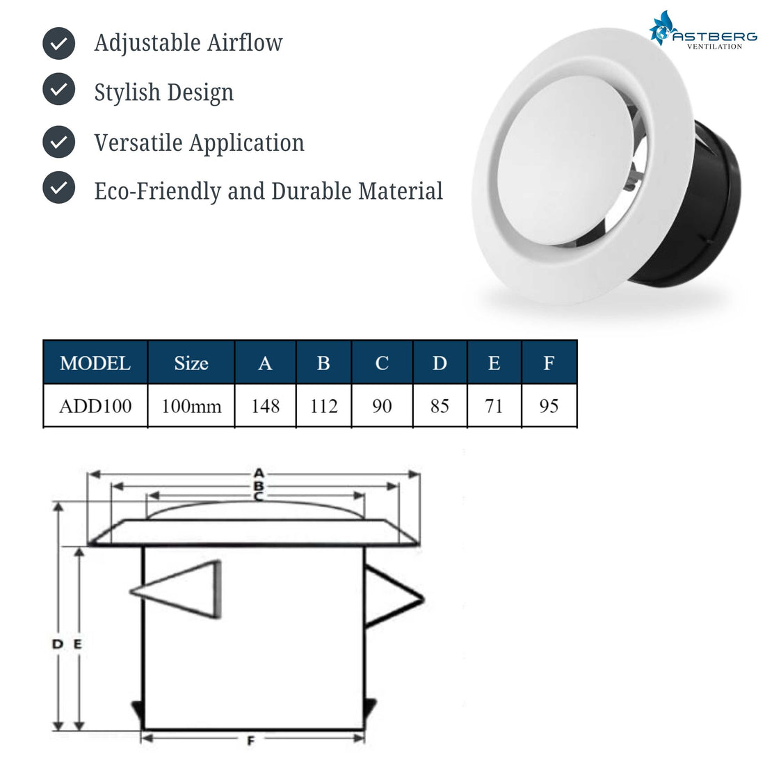 Astberg ABS DISK DIFFUSER VOLUMER CONTROLLER VALVE 100MM 4"