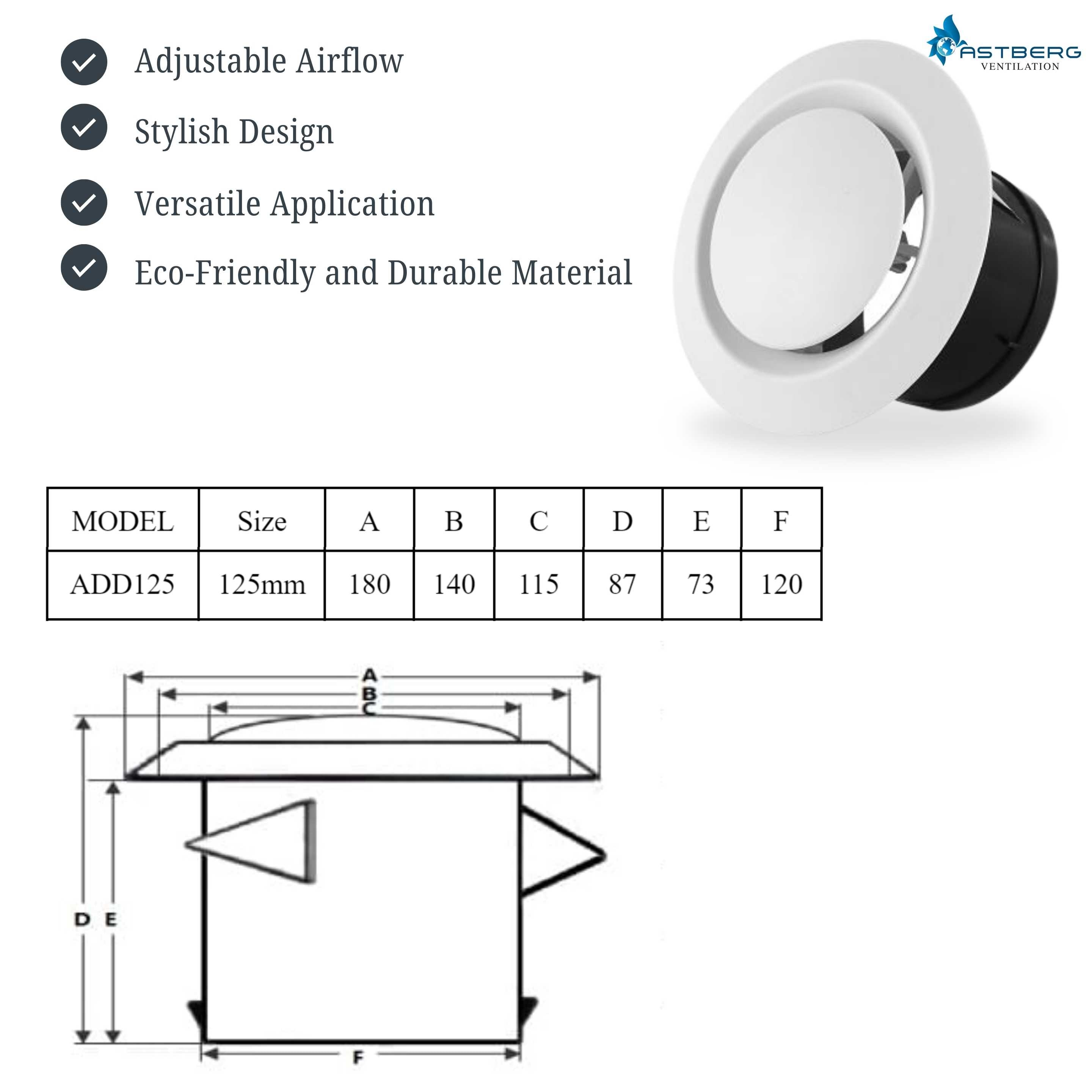 ASTBERG SUPPLY DISK DIFFUSER VOLUME CONTROLER VALVE 125MM 5"