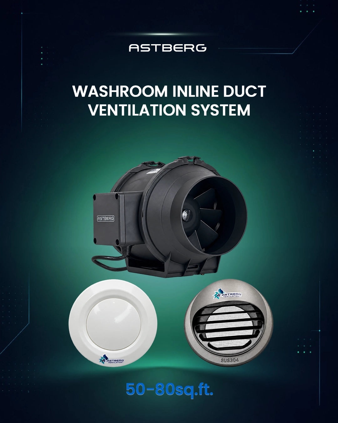 ASTBERG 50-80 SQ. WASHROOM INLINE DUCT VENTILATION SYSTEM HORIZONTAL DUCT UPTO 15FT-20FT.