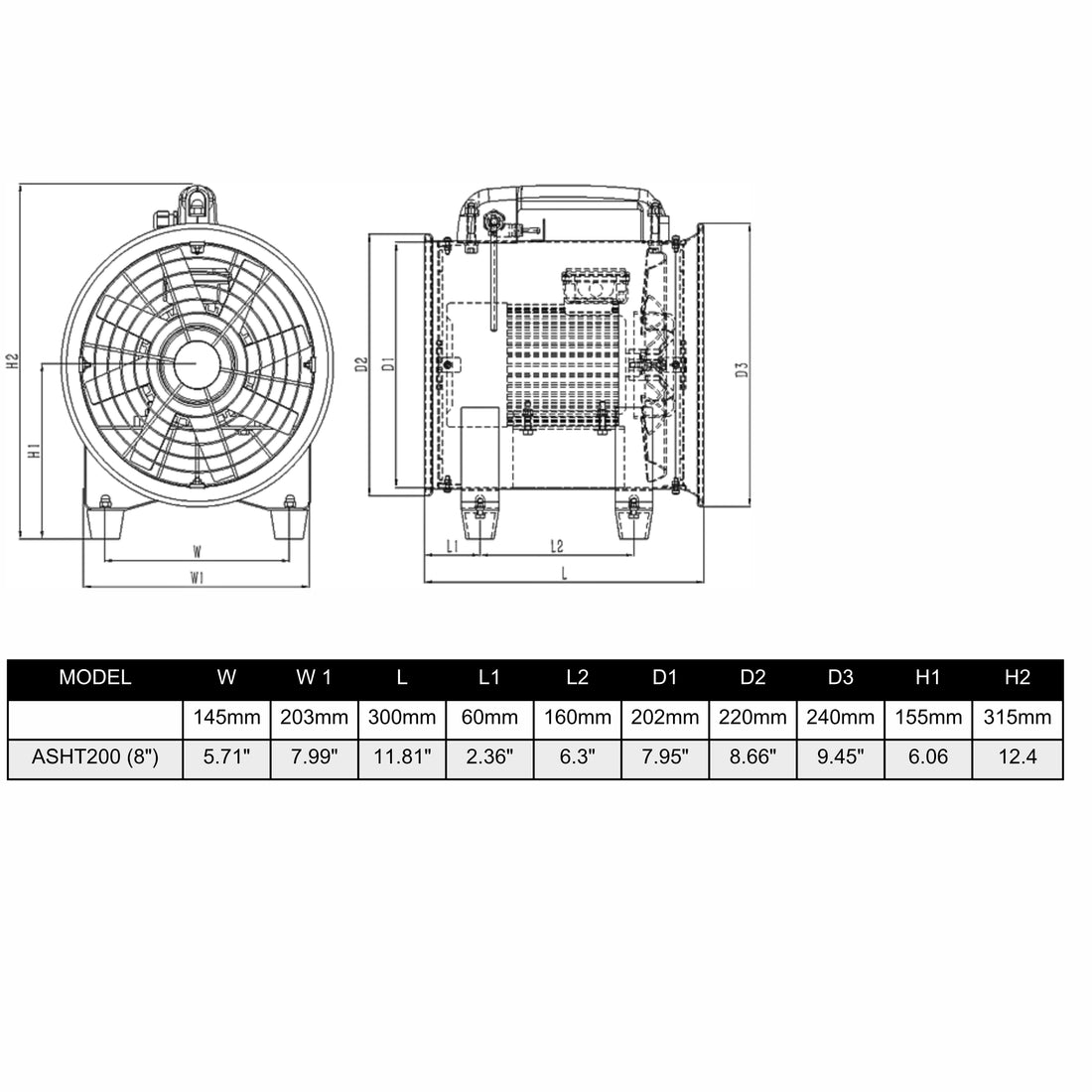 ASTBERG DUST COLLECTOR BLOWER EXHAUST PORTABLE INLINE DUCT VENTILATION BLOWER FAN ASHT-200 8" 1300CMH