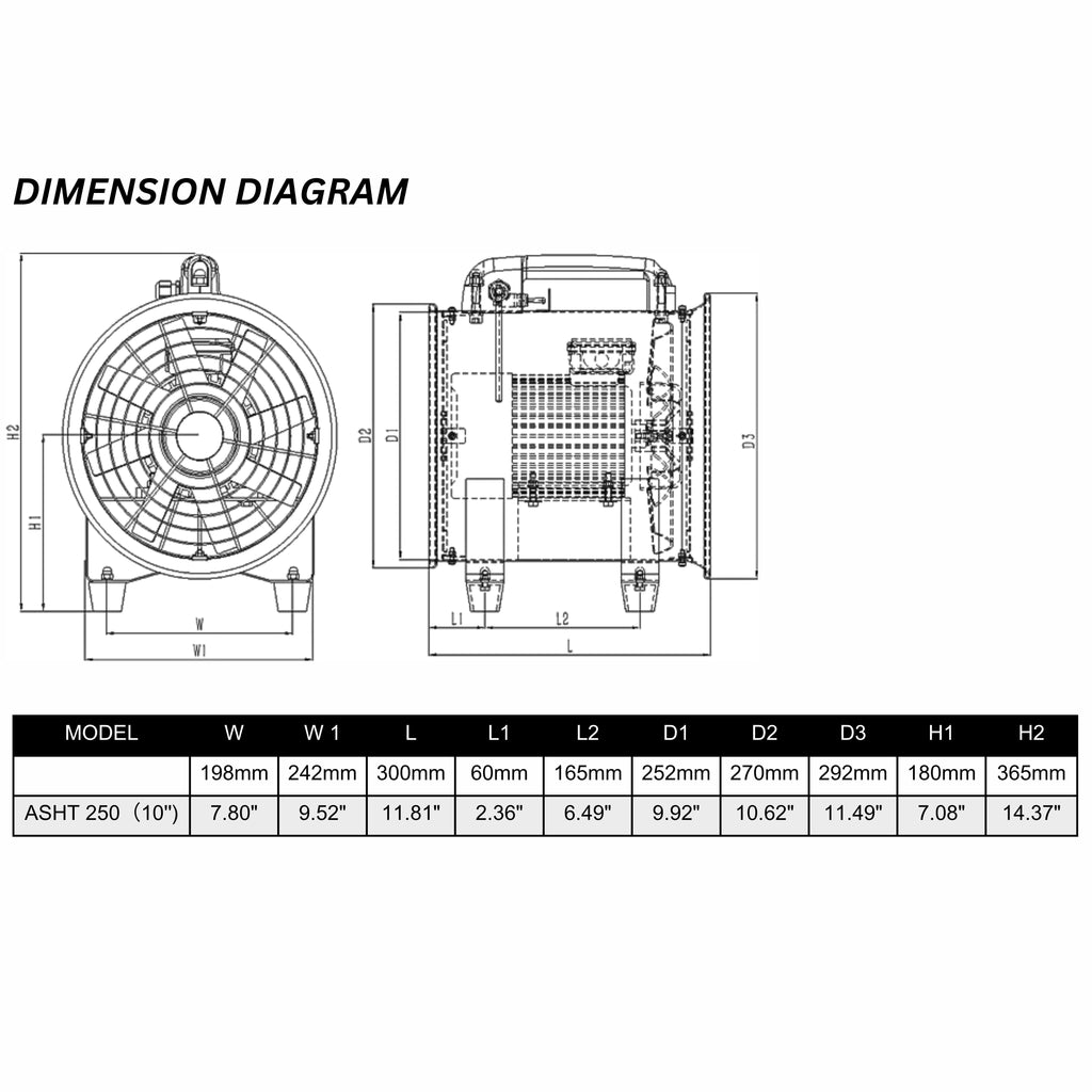 ASTBERG DUST COLLECTOR BLOWER EXHAUST PORTABLE INLINE DUCT VENTILATION BLOWER FAN ASHT250 10" 2200CMH