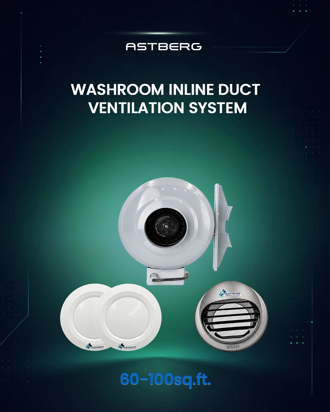 ASTBERG 60-100 SQ. WASHROOM INLINE DUCT VENTILATION SYSTEM VERTICAL/HORIZONTAL DUCT UPTO 20FT.
