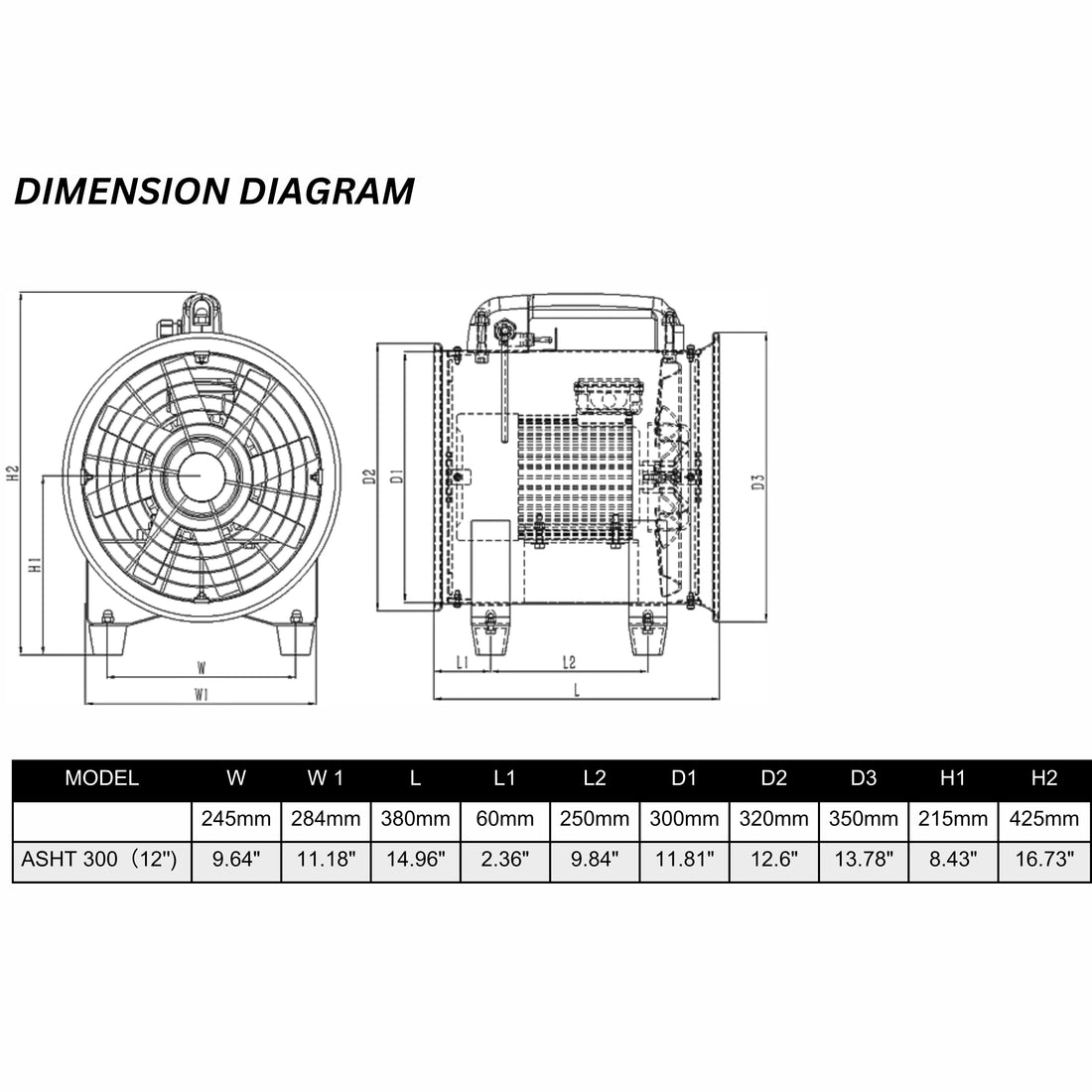 ASTBERG DUST COLLECTOR BLOWER EXHAUST PORTABLE INLINE DUCT VENTILATION BLOWER FAN  ASHT-300 12" 3200m3/h