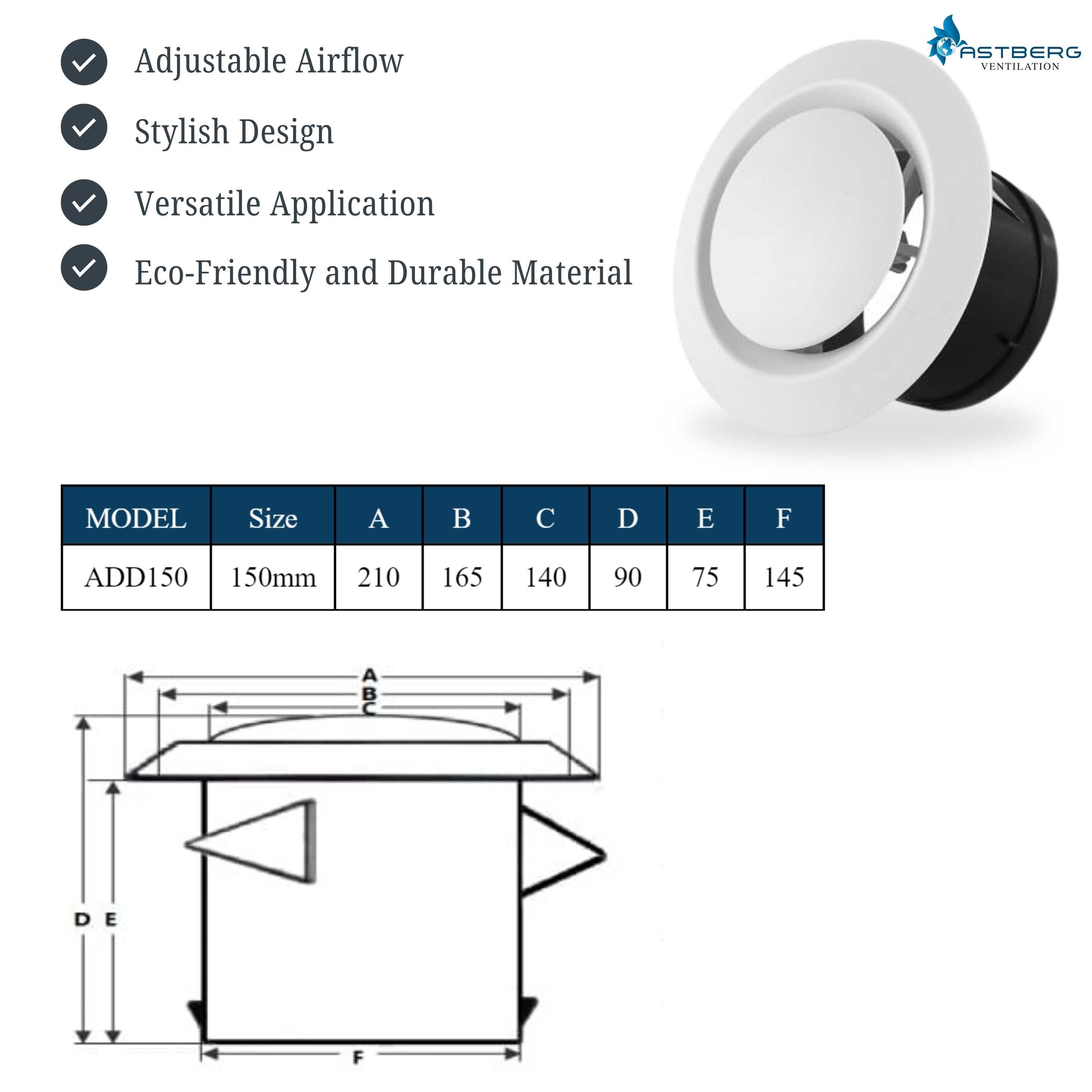 ASTBERG SUPPLY DISK DIFFUSER (150MM 6") VOLUME CONTROLER VALVE
