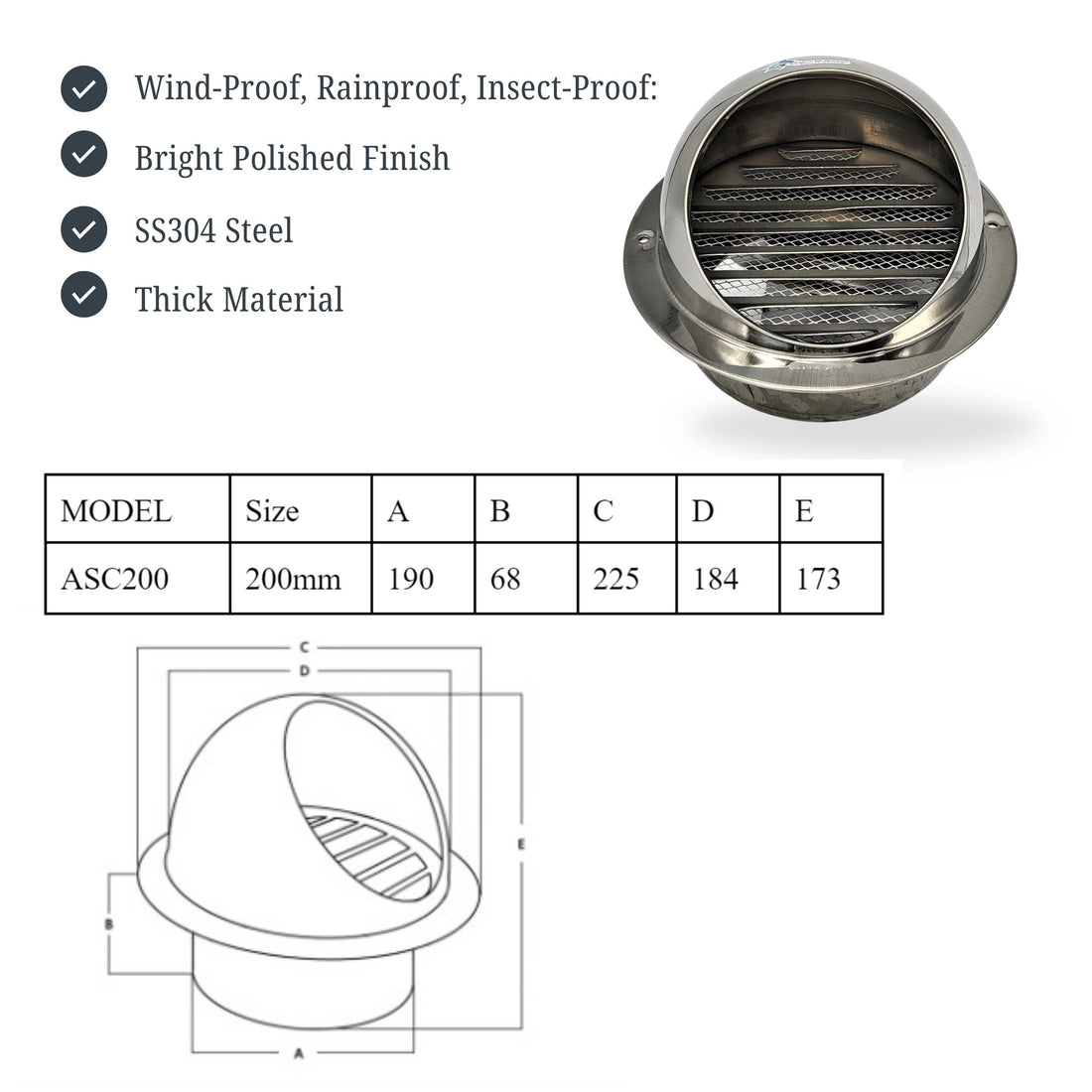 ASTBERG STEEL OUTER PIPE  COWL WITH MESH SS304  200mm 8"  ( ASCN 200)