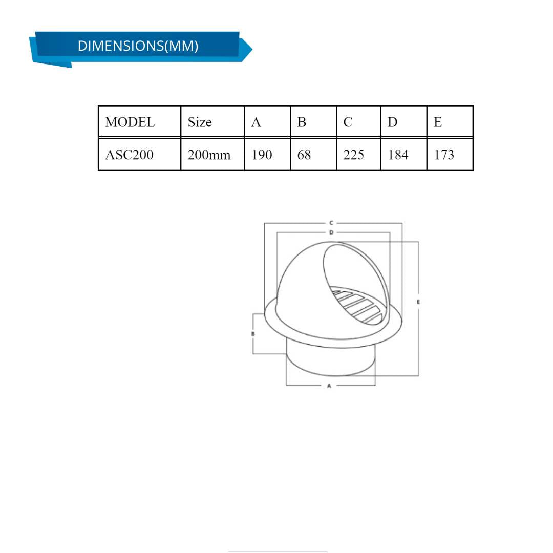 ASTBERG POWDER COATED STEEL PIPE COWL SS304 200MM 8"