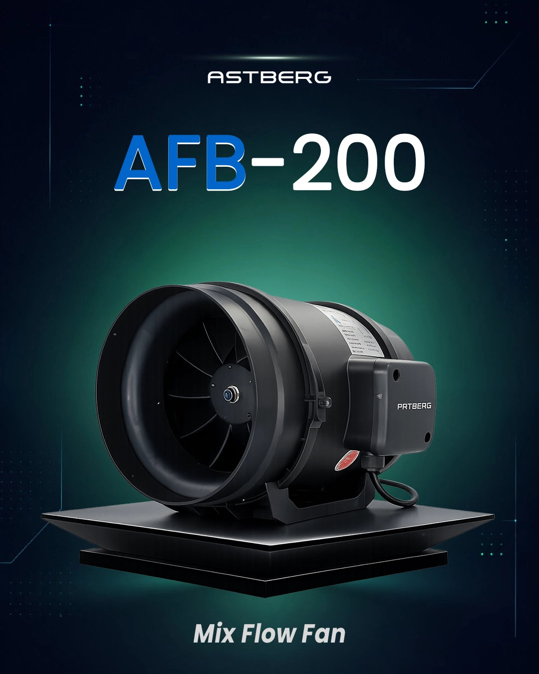 ASTBERG BLACK MIXFLOW CIRCULAR INLINE DUCT VENTILATION FAN WITH SWITCH AFB200 850CMH 200MM 8"