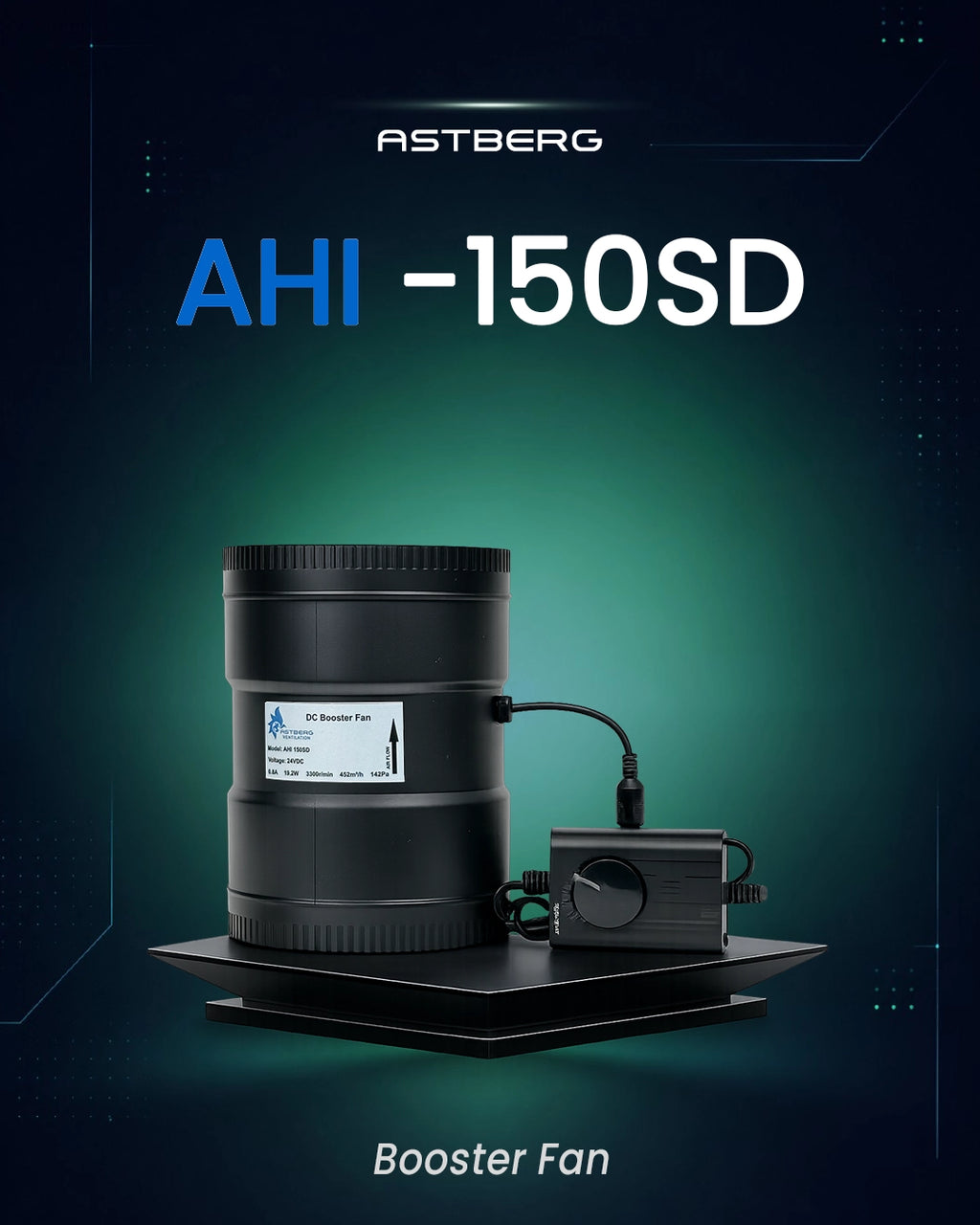 ASTBERG BLDC PIPE INLINE DUCT VENTILATION BOOSTER EXHAUST FAN WITH REMOTE AHI150SD 452CMH 150MM 6"