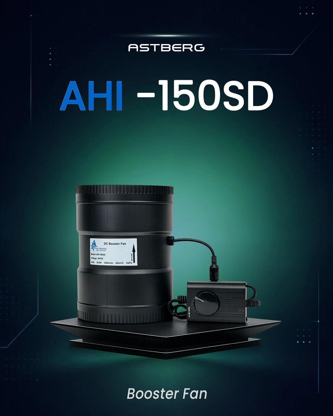 ASTBERG BLDC PIPE INLINE DUCT VENTILATION BOOSTER EXHAUST FAN WITH REMOTE AHI150SD 452CMH 150MM 6"