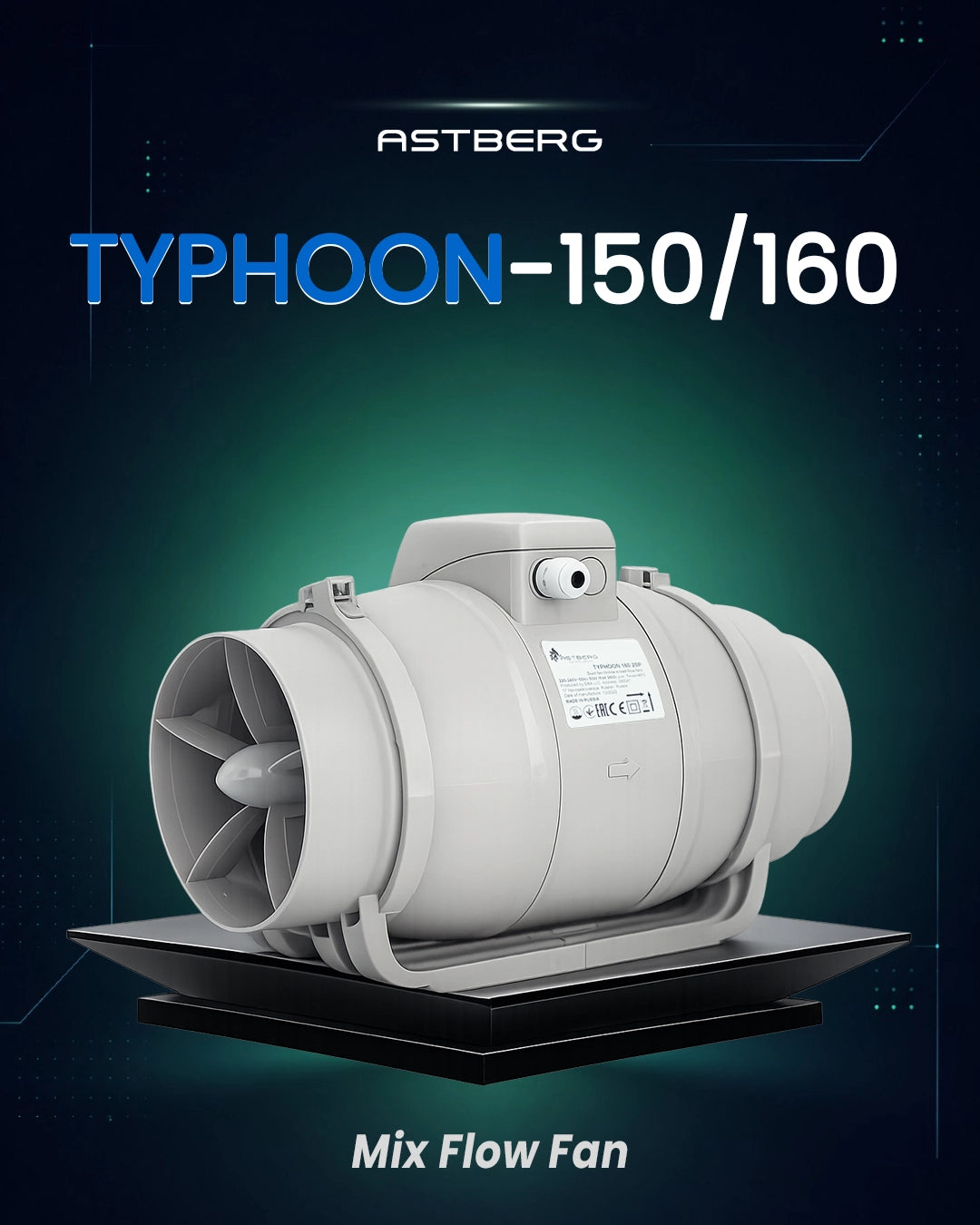 ASTBERG SILENT HEAVY DUTY MIXFLOW CIRCULAR INLINE DUCT VENTILATION FAN TYPHOON100 250CMH 100MM 4"