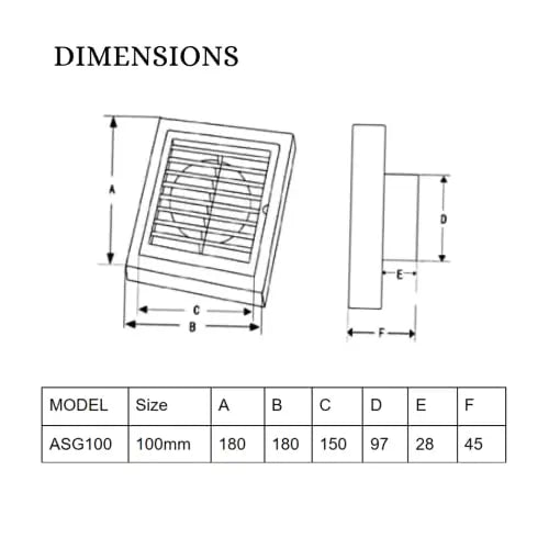 Astberg Outer Grill Abs/Square Grill/Grill With Mesh/Pipe Grill/Chimney Grill/Exhaust Outer Lowers/Vent Cap (100Mm/4, White - Astberg Ventilation